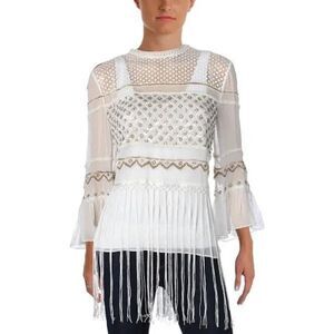 Elie Tahari Aislin Beaded Fringe-Hem Silk Tunic Blouse Size XS